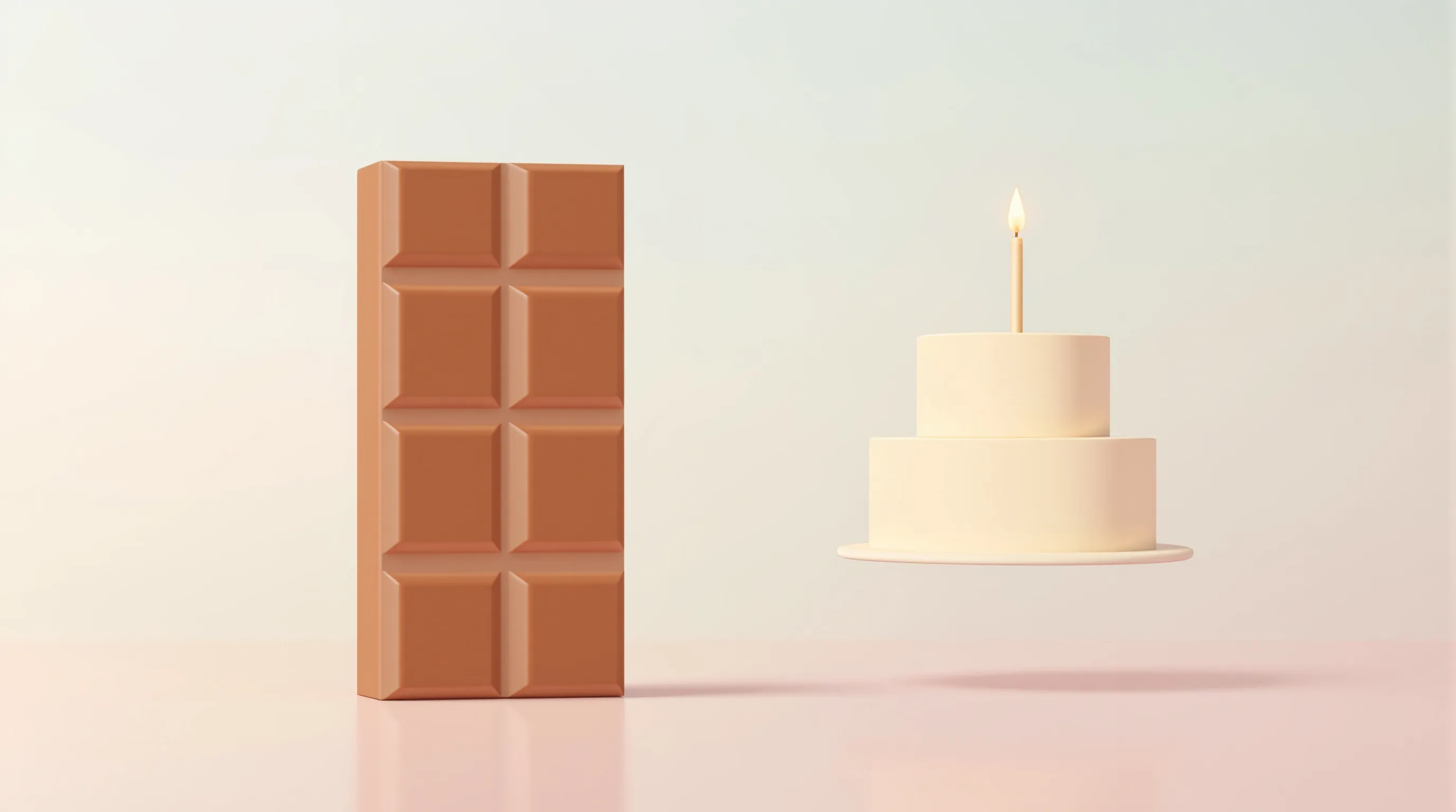 Minimalist chocolate bar and birthday cake silhouette on pastel gradient background.