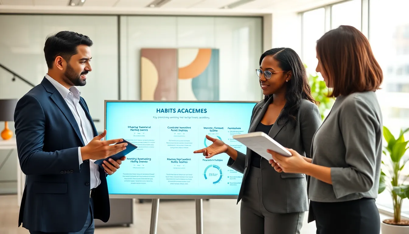 diverse team discussing habits in a modern office setting.