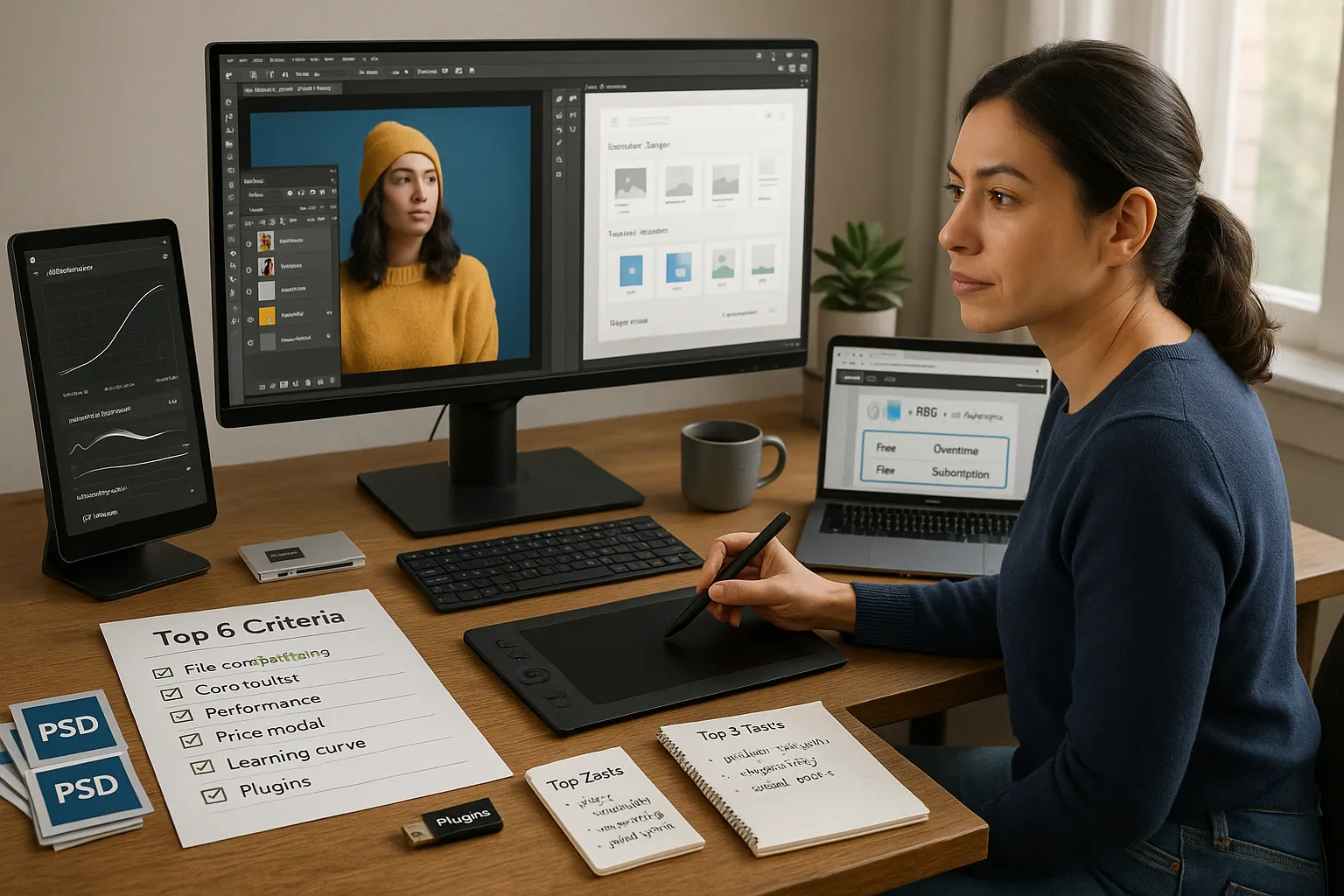 Designer at desk comparing photo-editing apps across multiple screens and checklist.