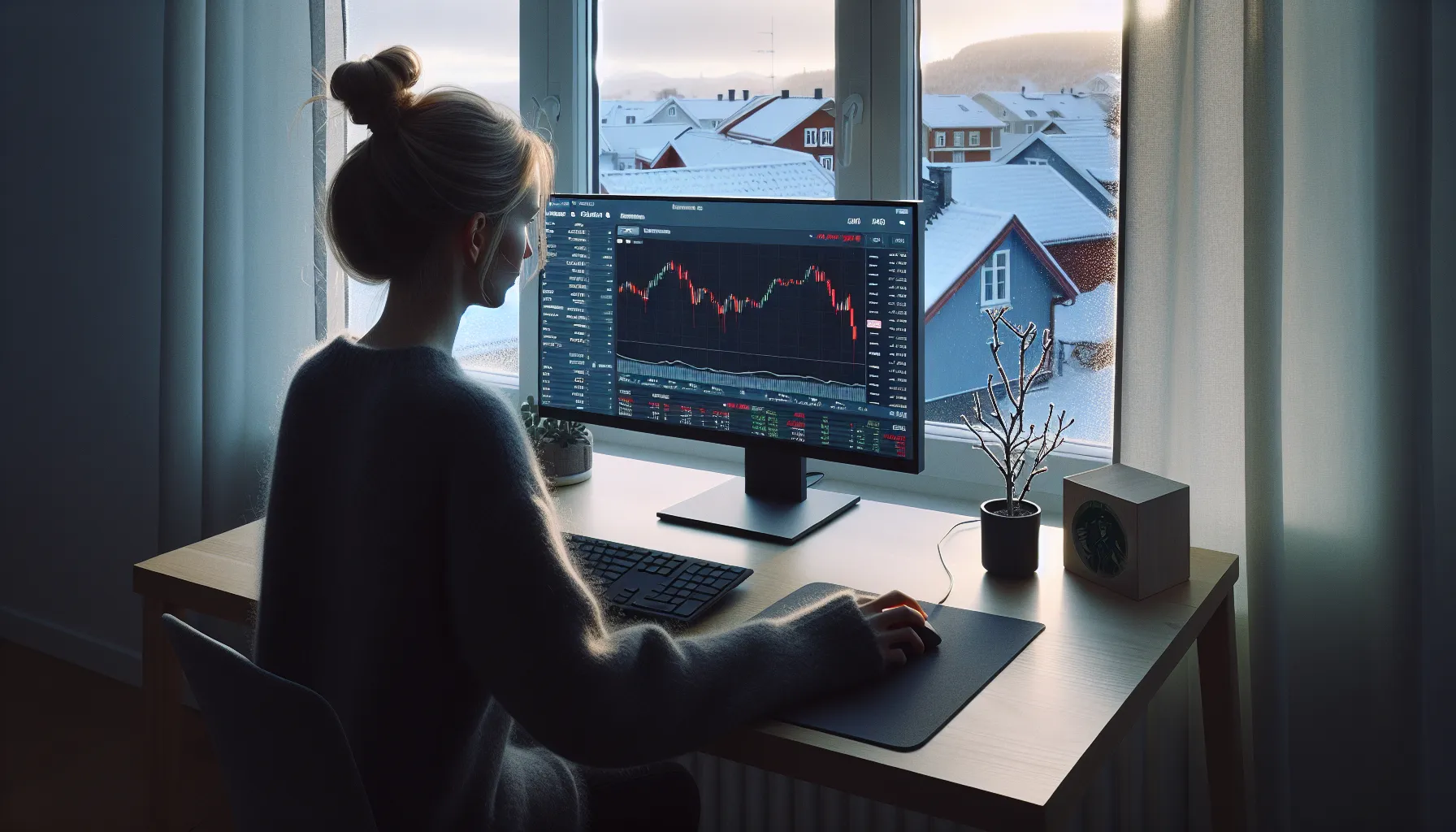 Norwegian woman hesitates over selling a losing stock on her home computer.