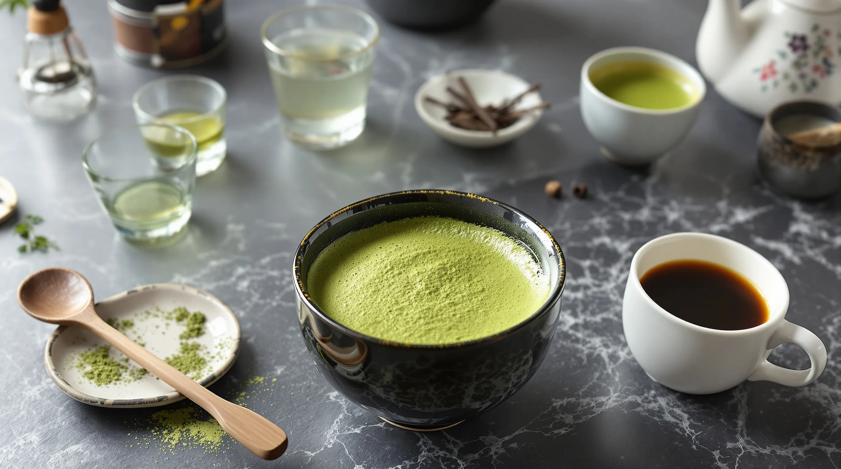Frothy matcha with sencha, gyokuro, hojicha, coffee, and cocoa tasting set.