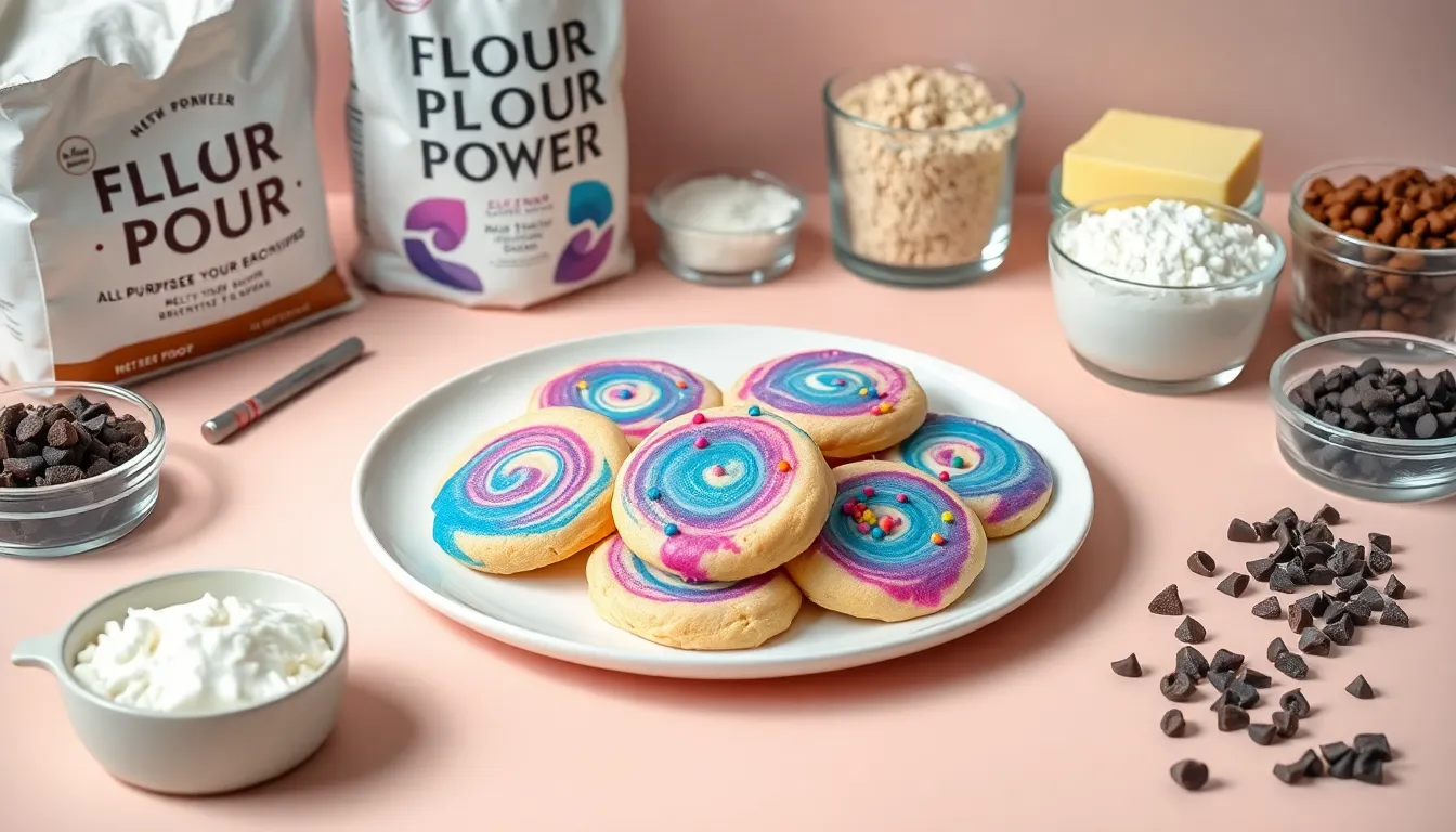 Plate of colorful Flour Power Nebula Cookies with baking ingredients.