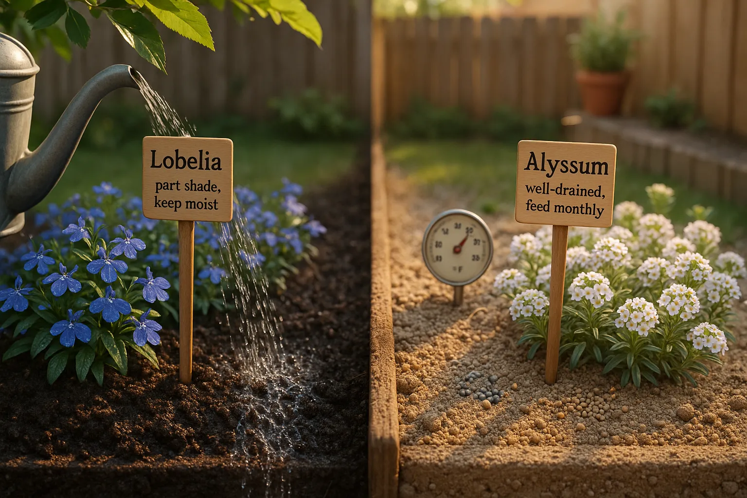 Side-by-side lobelia and alyssum in contrasting soils and light conditions.