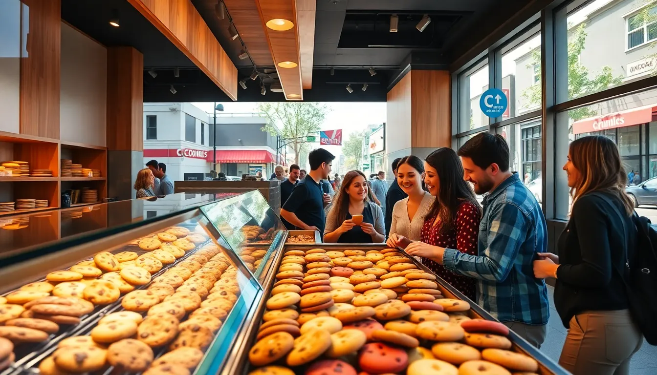 customers enjoying cookies at a lively Crumbl Cookies shop in San Jose.