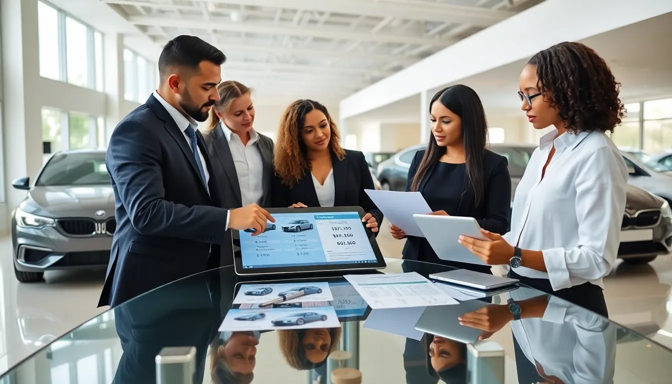diverse professionals discussing car financing options.
