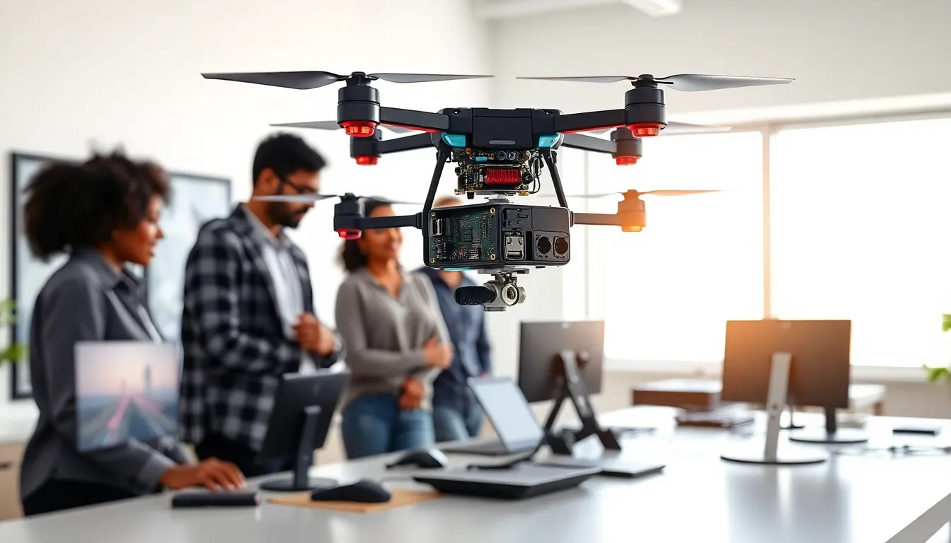 A Raspberry Pi Zero integrated into a thermal drone in a modern workspace.