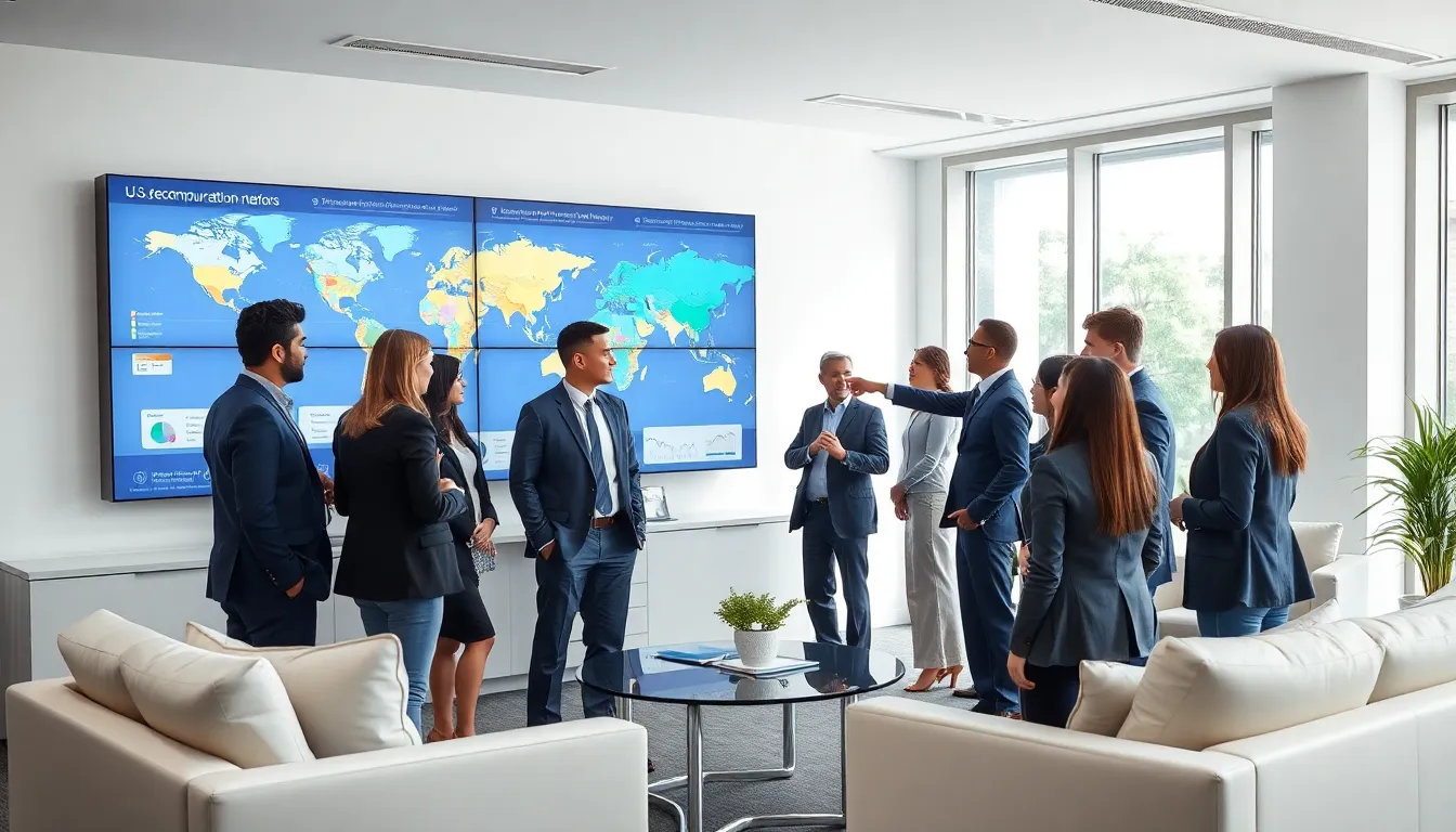 diverse team in a modern office discussing global communication strategies.