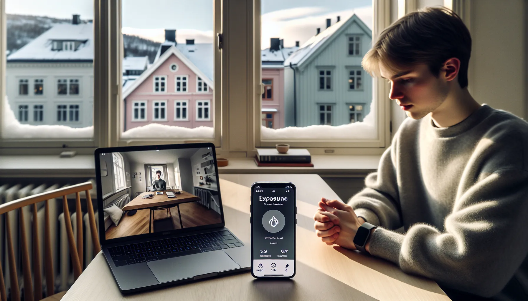 Norwegian adult uses cbt app and video therapy with smartwatch at home.