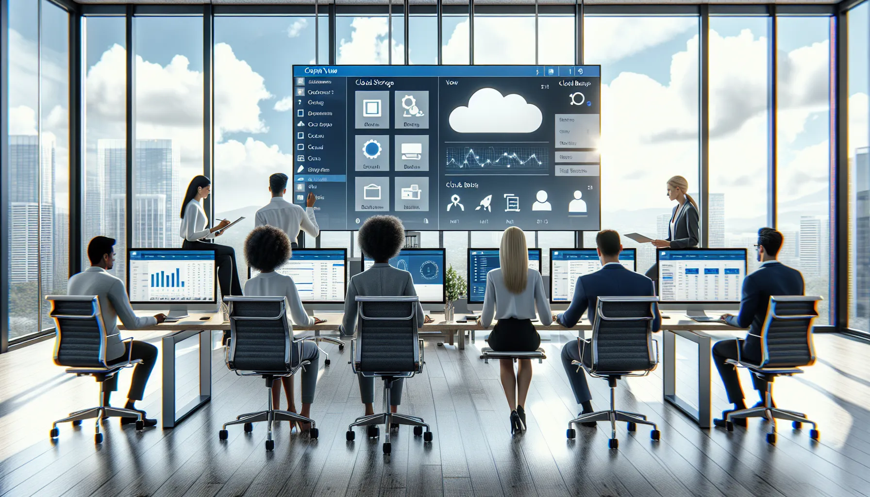 A team evaluates cloud storage versus backup solutions in a modern office.