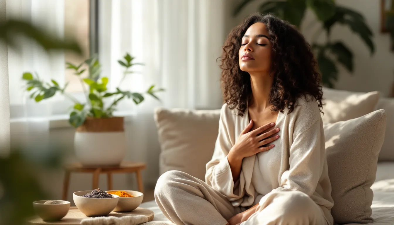 Woman sitting peacefully at home reflecting on her unique Ayurvedic constitution.