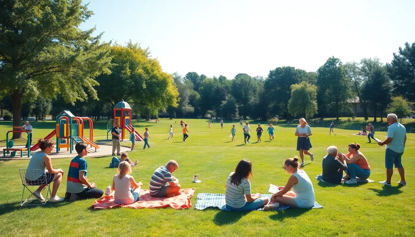 families enjoying outdoor activities in a sunny park.