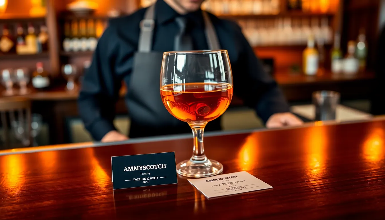 Glass of Ammyscotch on a stylish bar top.