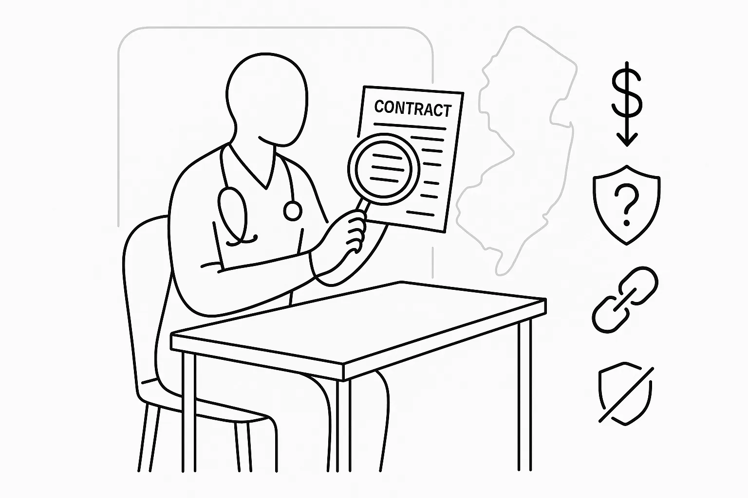 A nurse practitioner examining a contract with three risk icons and New Jersey outline of New Jersey Nurse Practitioner Contract Review.