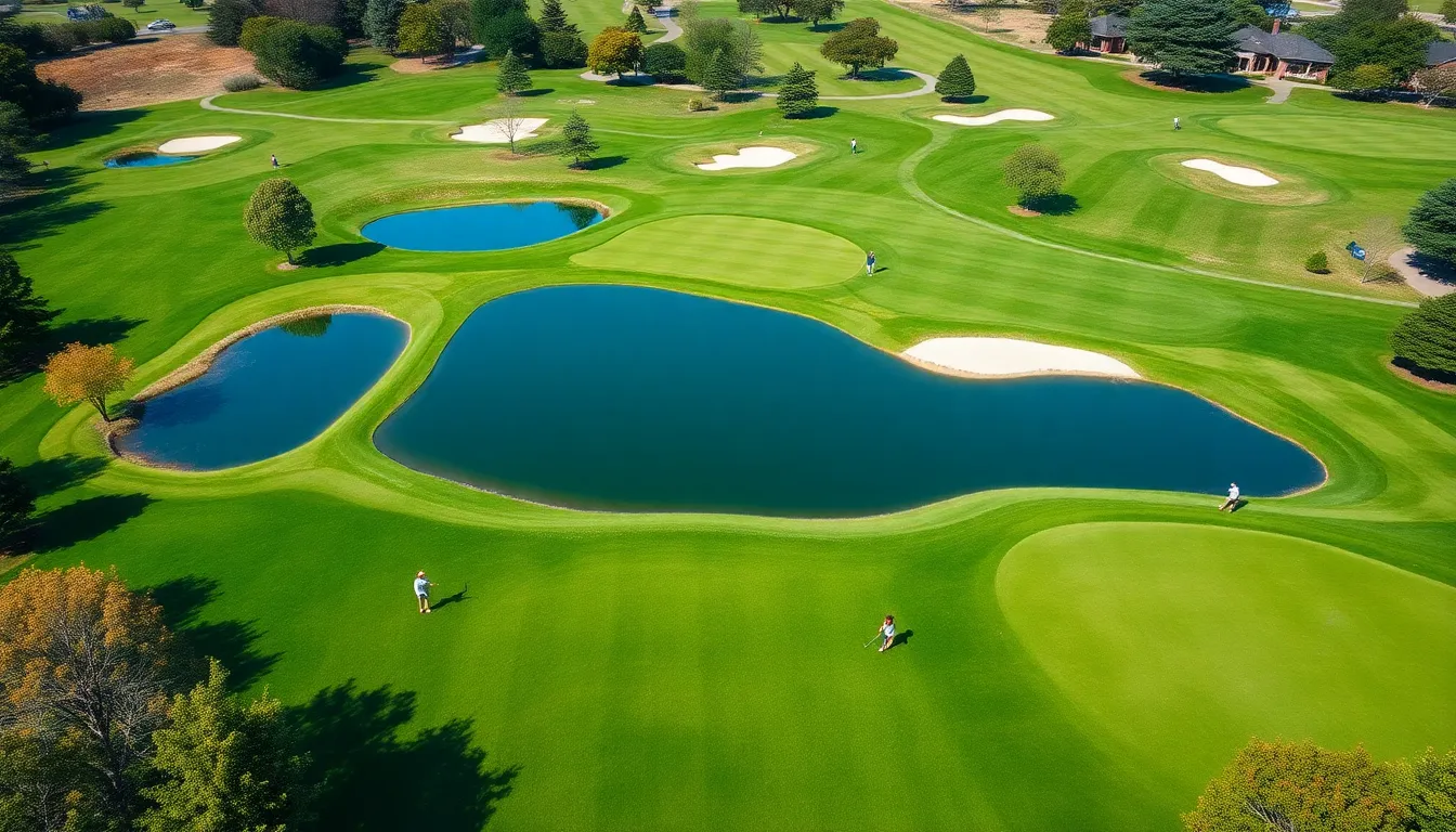 Aerial view of Crown Park Golf Course with golfers and a picturesque lake.