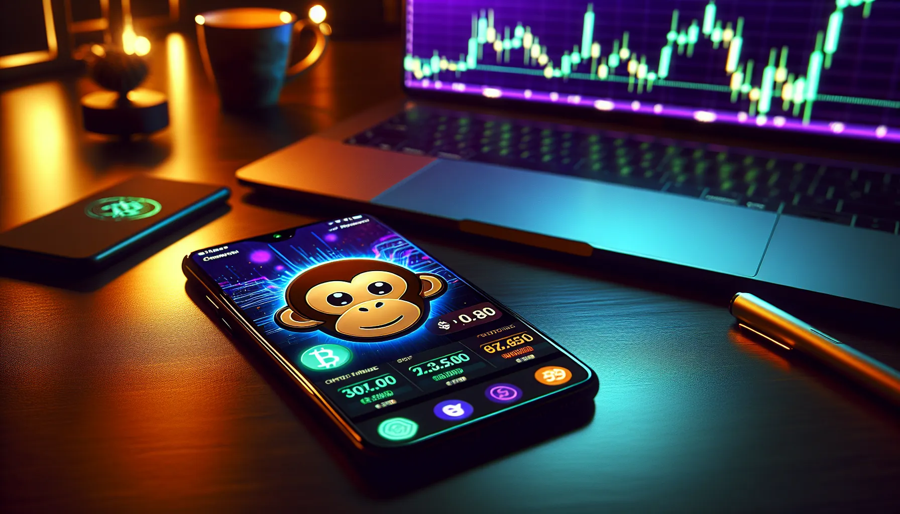Smartphone displaying PONKE cryptocurrency trading interface with monkey mascot logo and price charts.