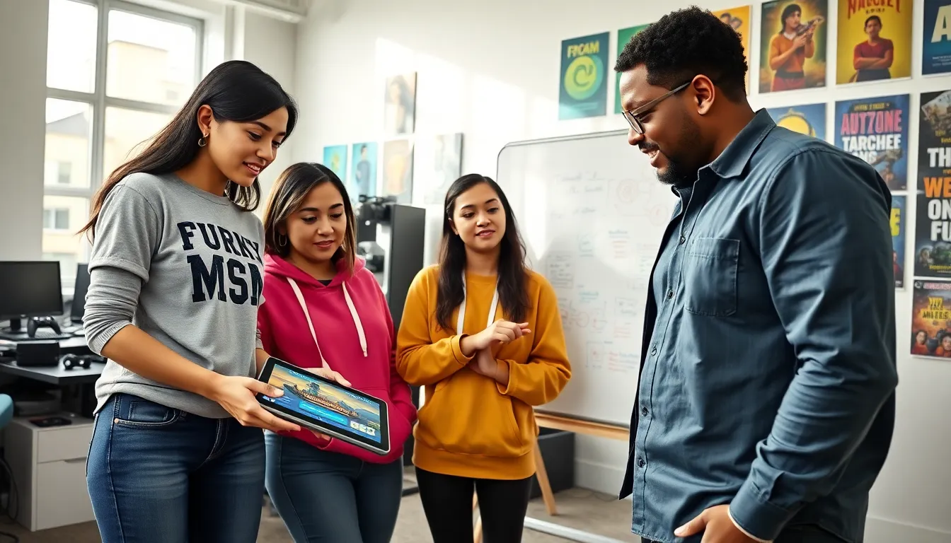 a diverse team brainstorms game design ideas in a bright office.