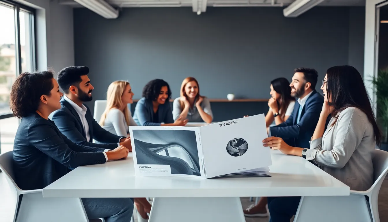 diverse team discussing The Boring Magazine in a modern office.