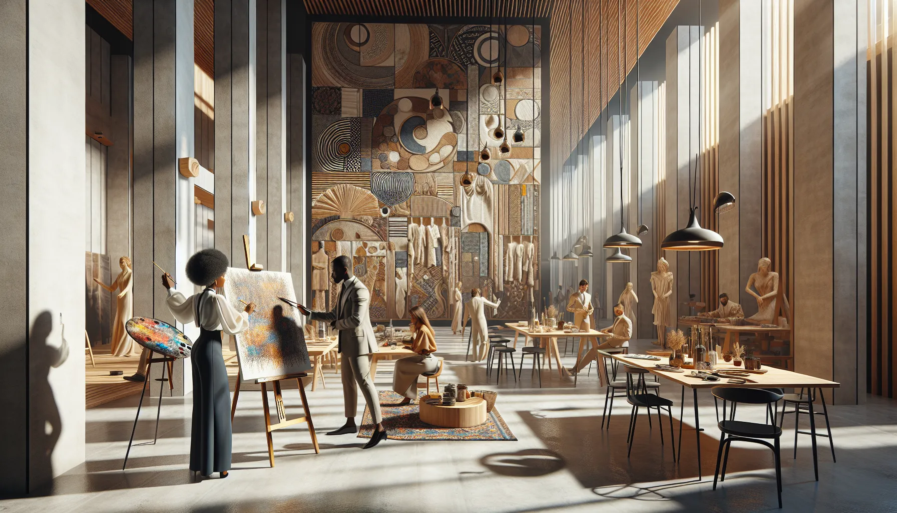 diverse artists collaborating in a modern studio inspired by Nicgerakios.