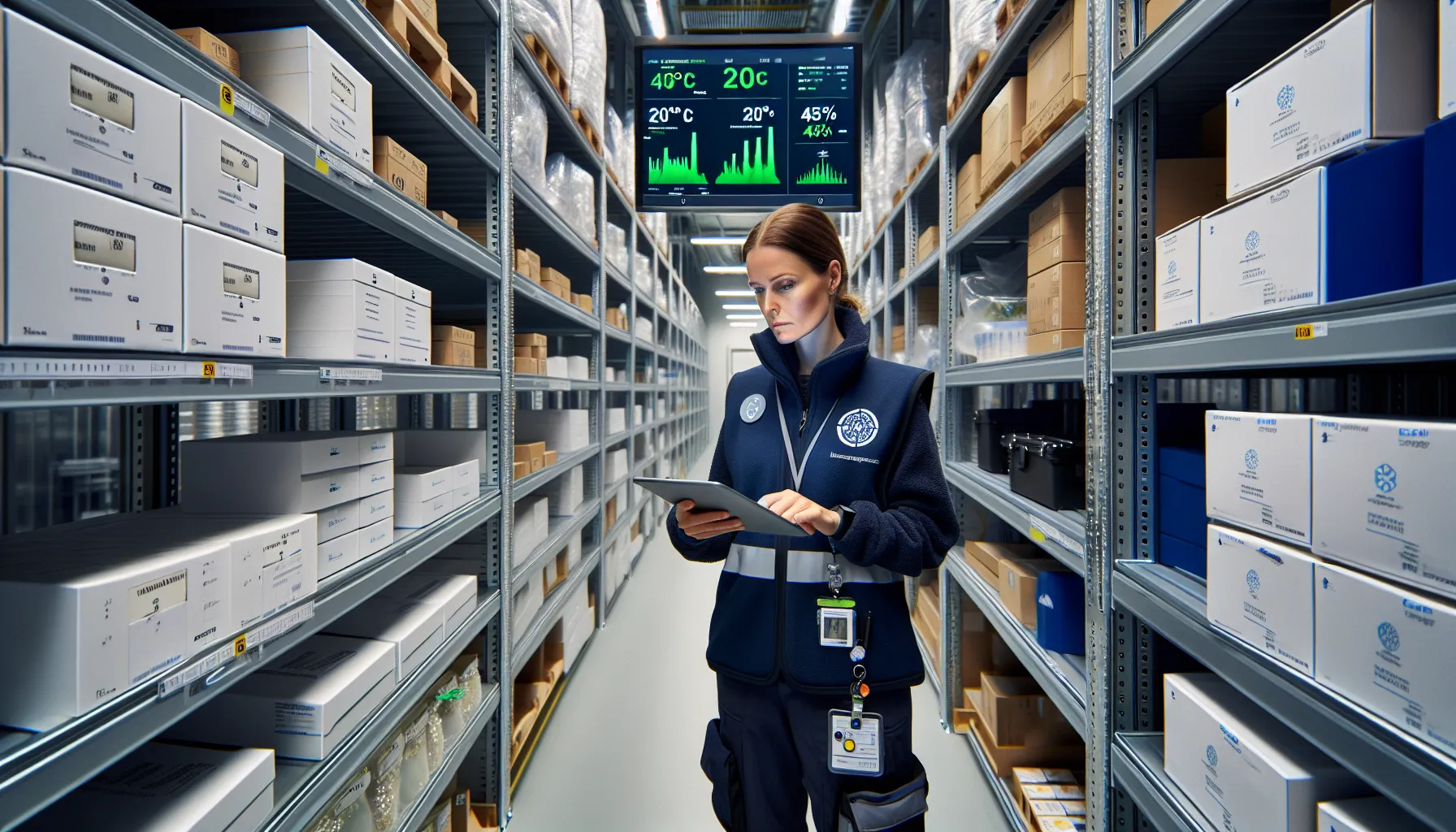 Fordelene med å bruke klimakontrollert lagerplass for bedrifter 2 Technician checks climate-controlled warehouse shelves with pharma, cosmetics, electronics, and art.