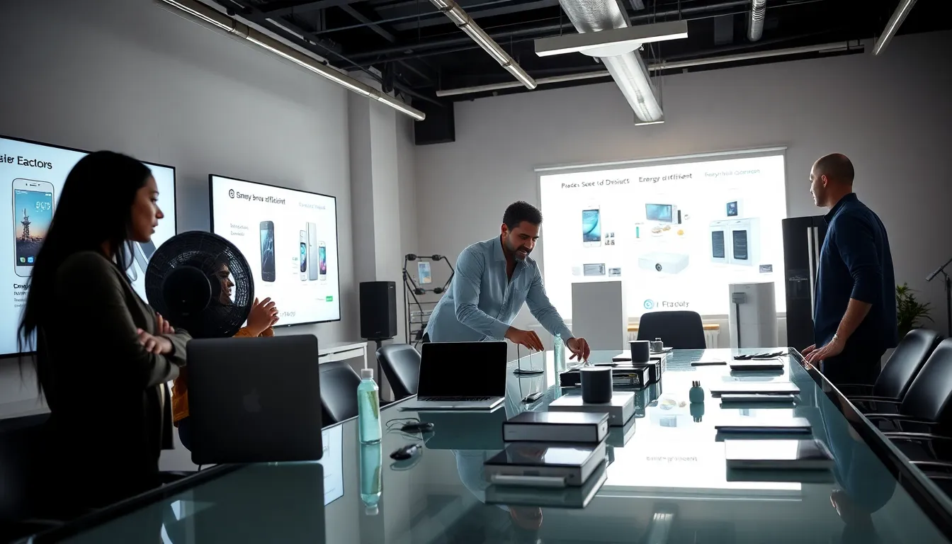 diverse professionals collaborating on consumer electronics designs in a modern studio.