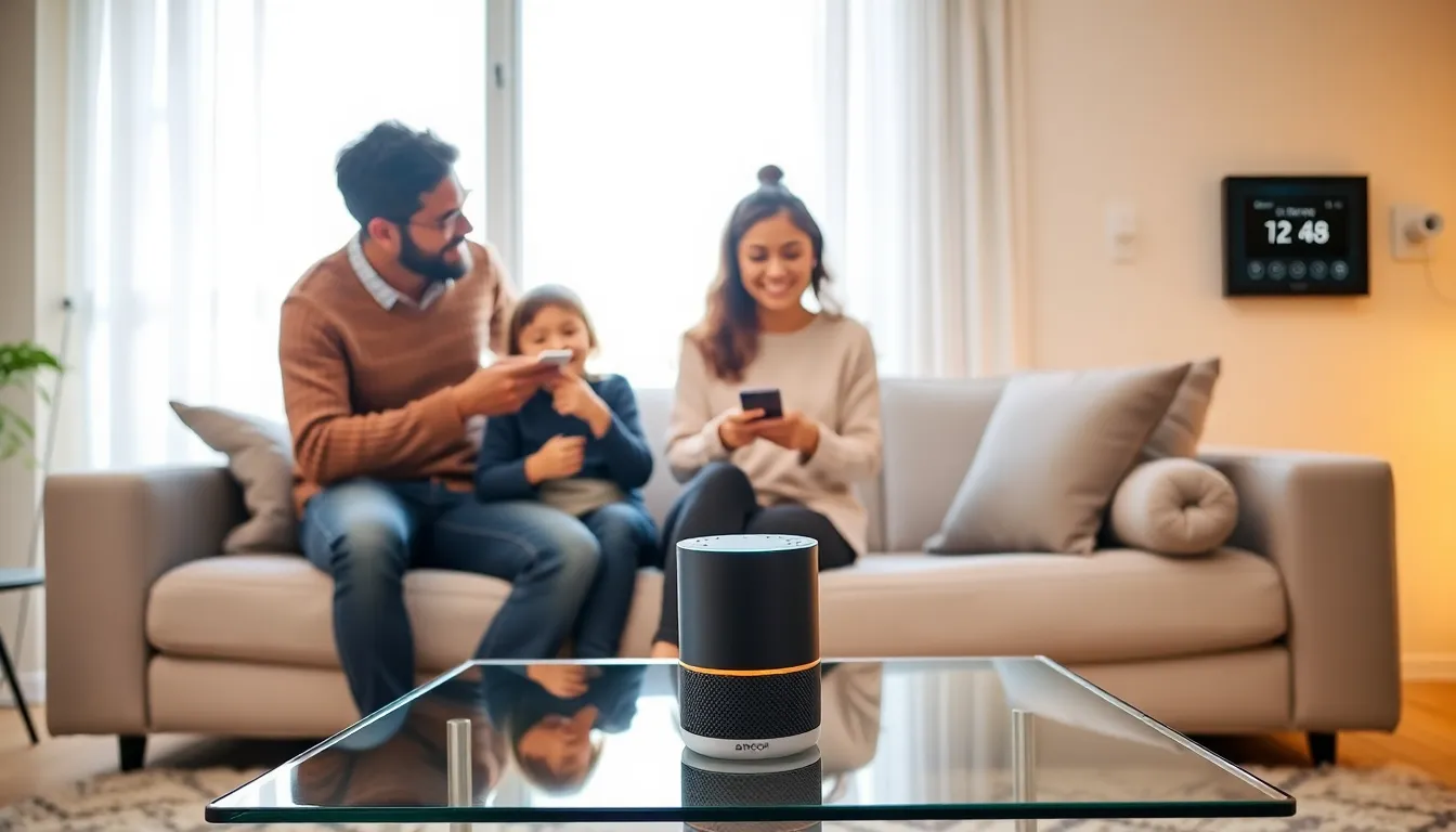 a family using Amazon smart home devices in a modern living room.