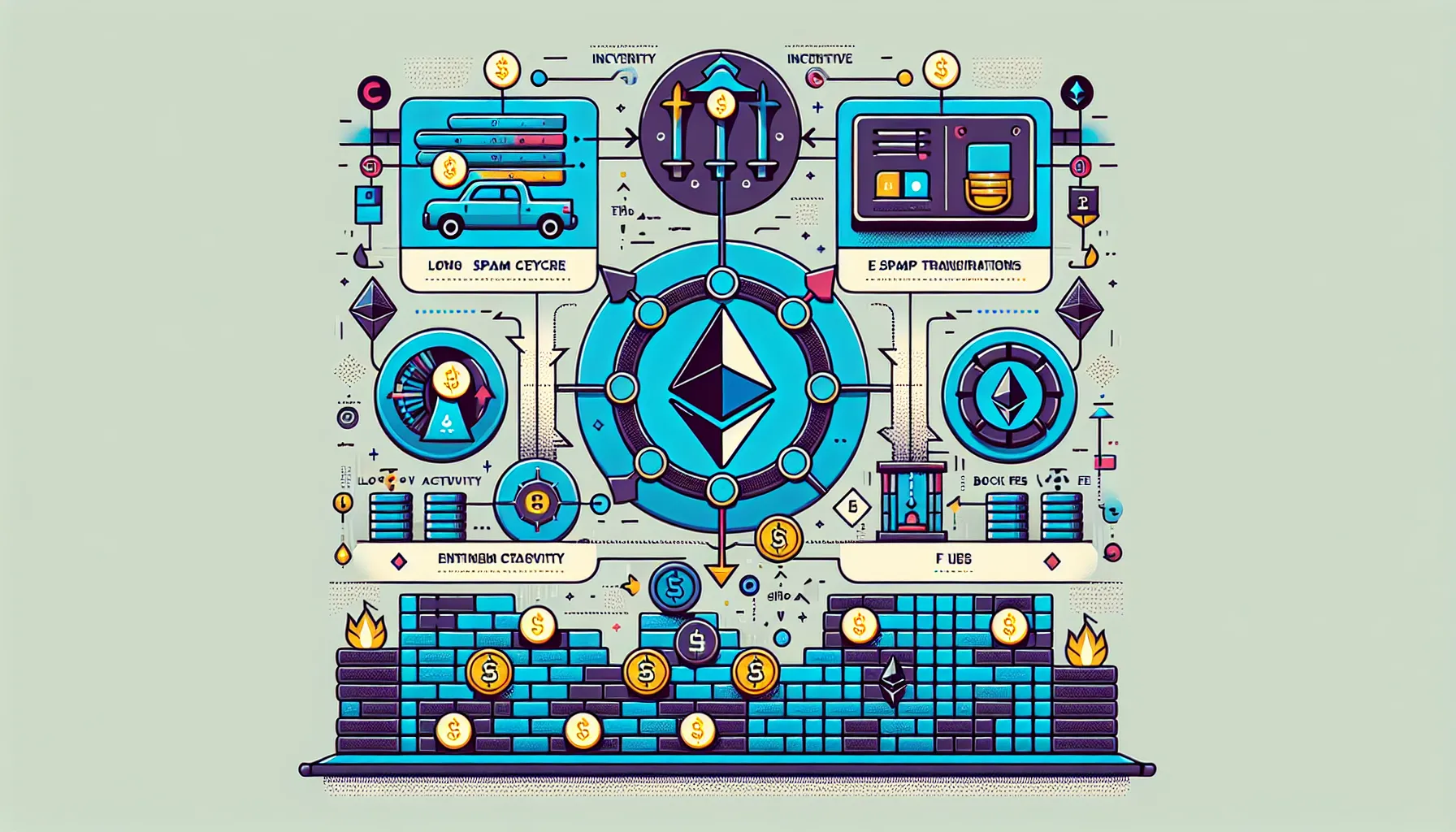 Three-tier infographic showing Ethereum gas mechanics, validator incentives, and supply-demand pricing dynamics.