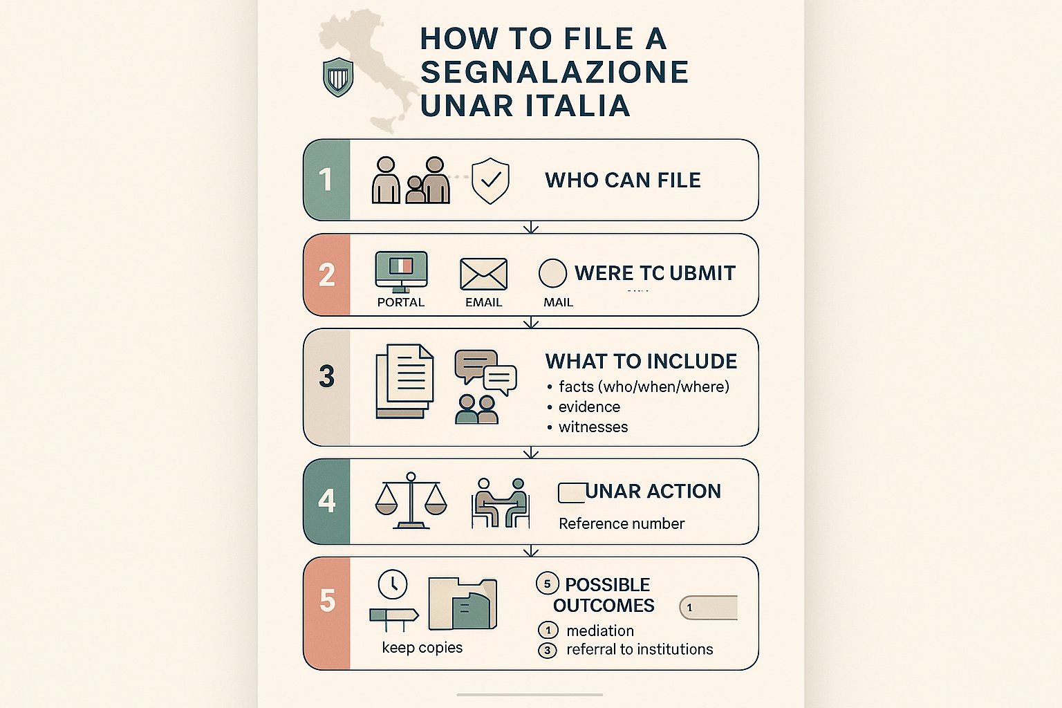 Infografica del processo che mostra i passaggi per presentare una segnalazione all'UNAR in Italia.