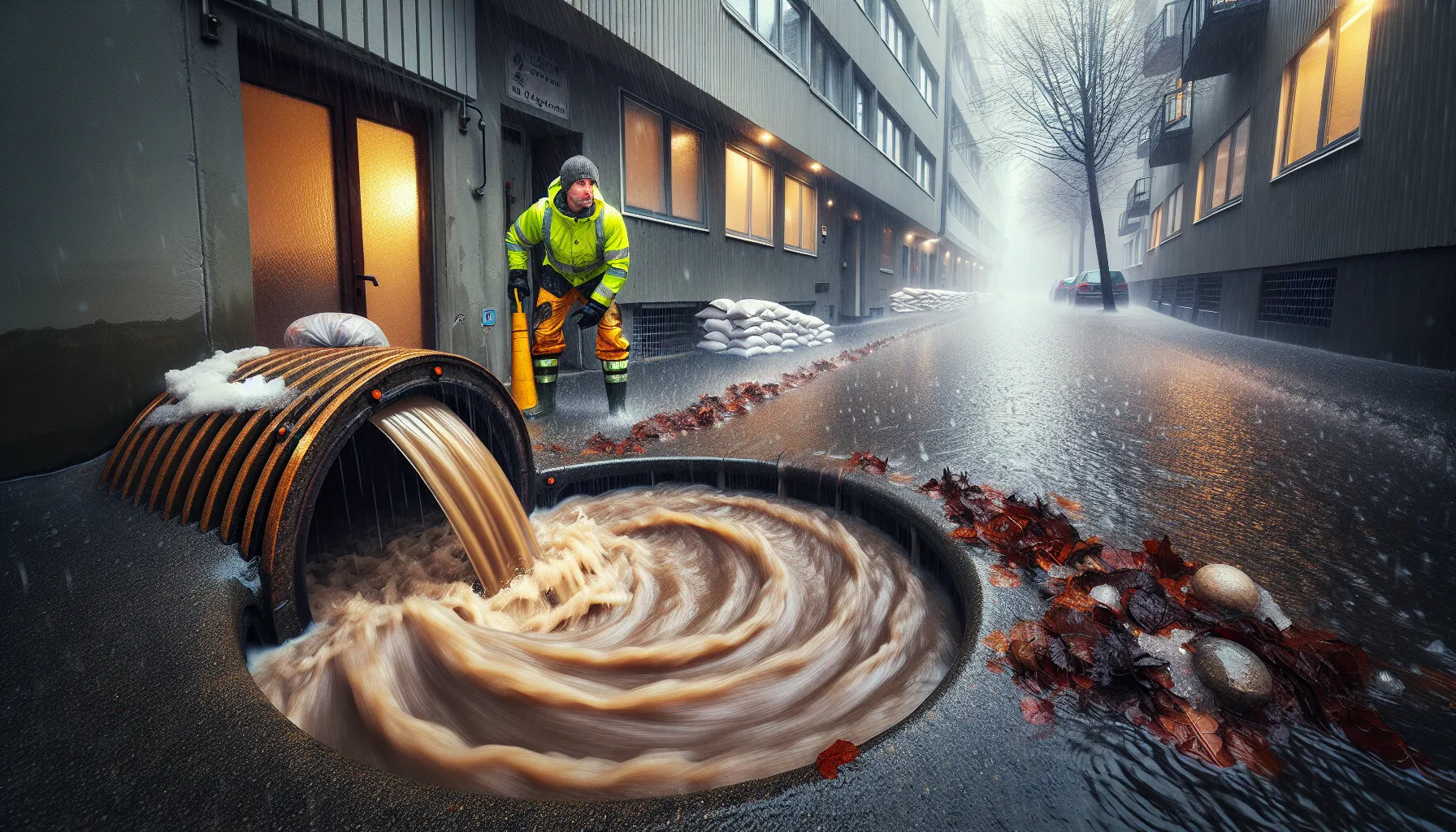 Stormwater floods a norwegian city street as a worker manages an overflow.