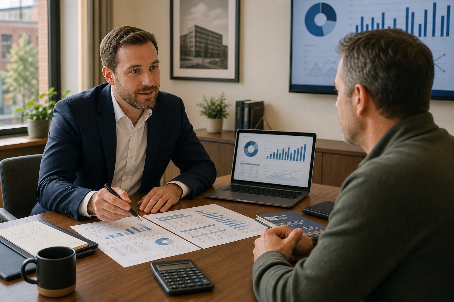 Commercial mortgage adviser meeting with a business owner in a private office to review tailored finance details.
