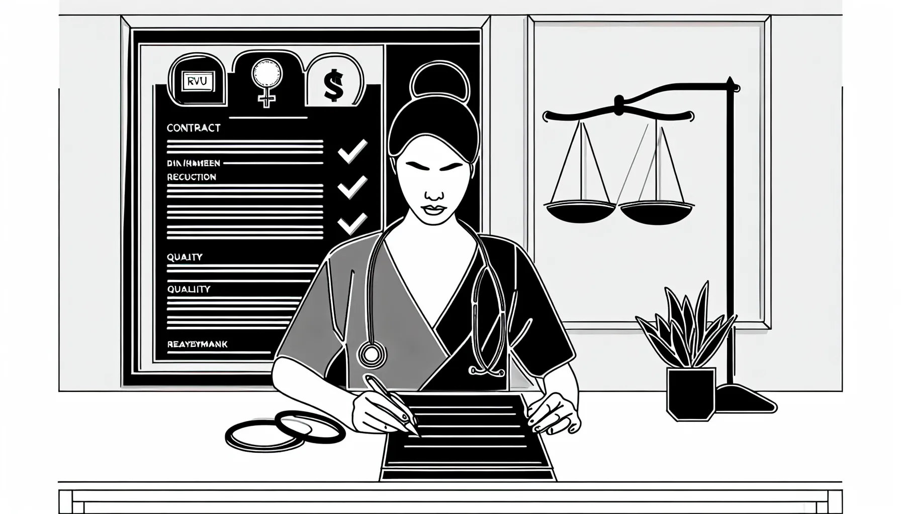 Physician examining a contract with icons for RVUs, pay, calendar, and clawback.