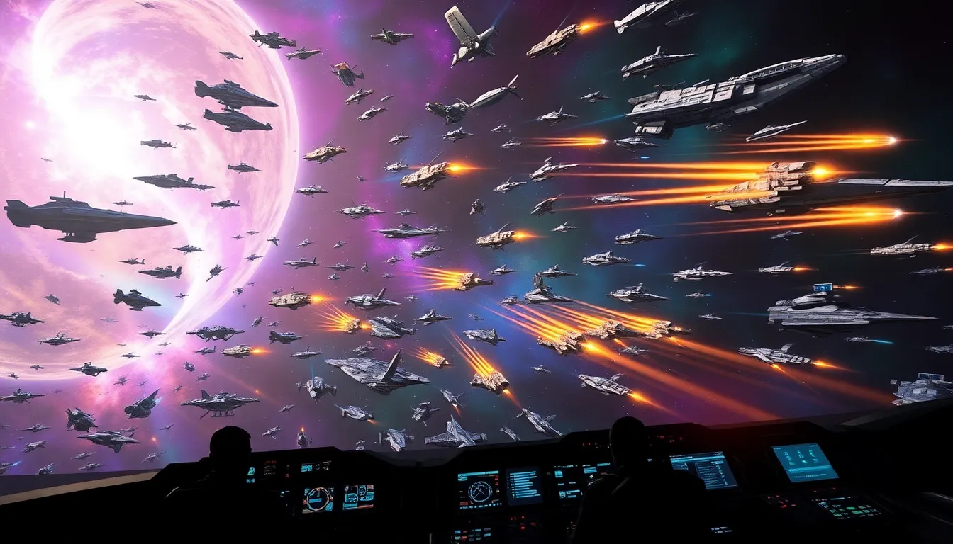 Epic space battle scene from Eve Online featuring diverse starships.