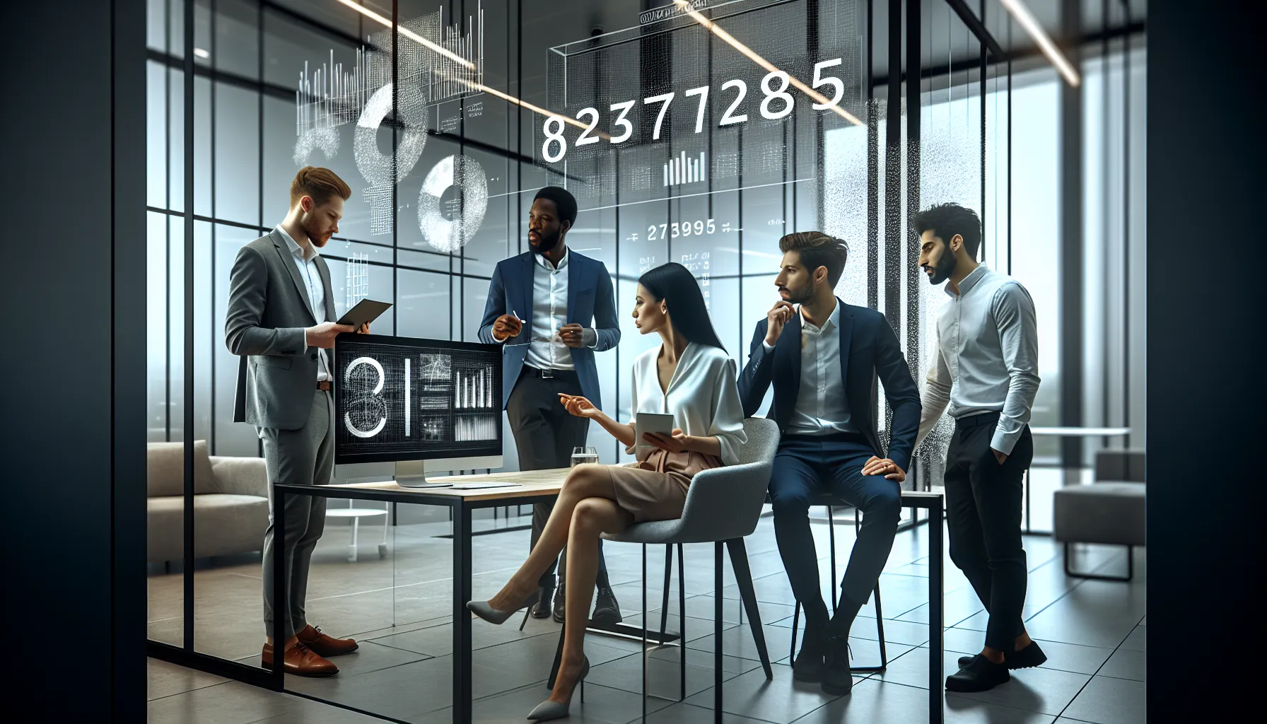 professionals collaborating on numerical analysis in a modern office.