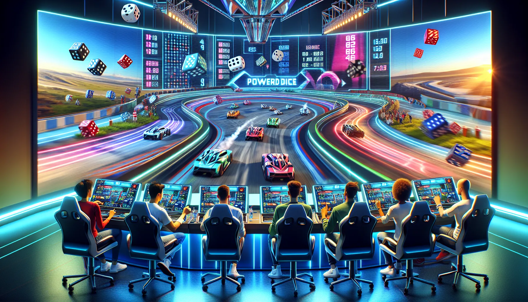 diverse players engaging in a virtual Superdice racing game.