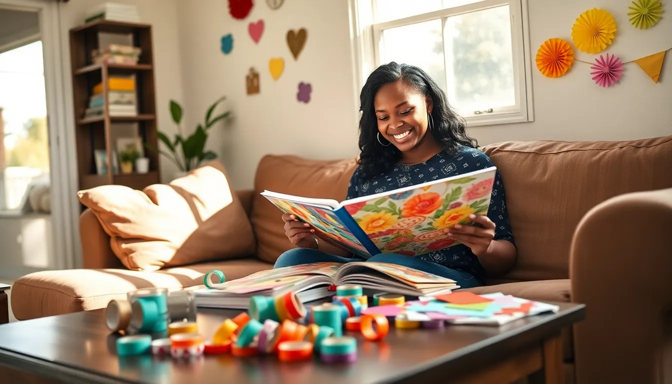 a woman reviewing DIY event planning materials in a cozy living room.