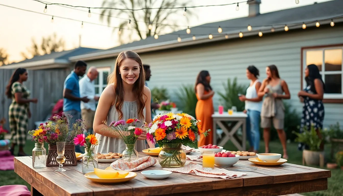A woman setting up a budget-friendly backyard event with friends.