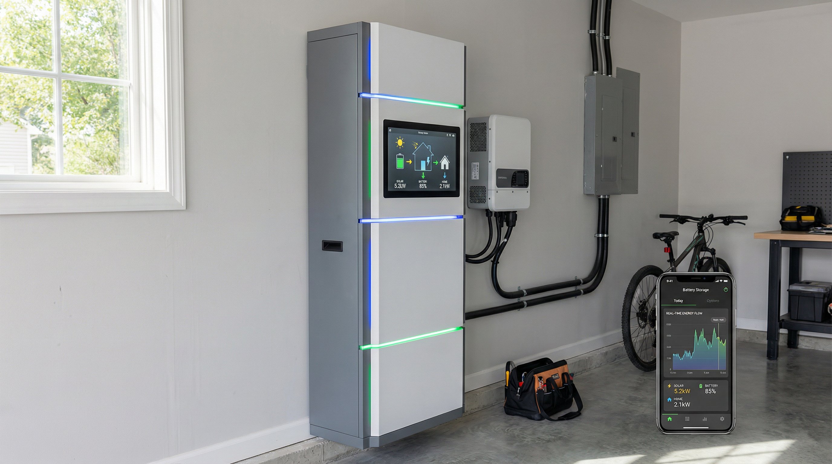 Wall-mounted integrated battery energy storage system in modern American home garage with monitoring interface.
