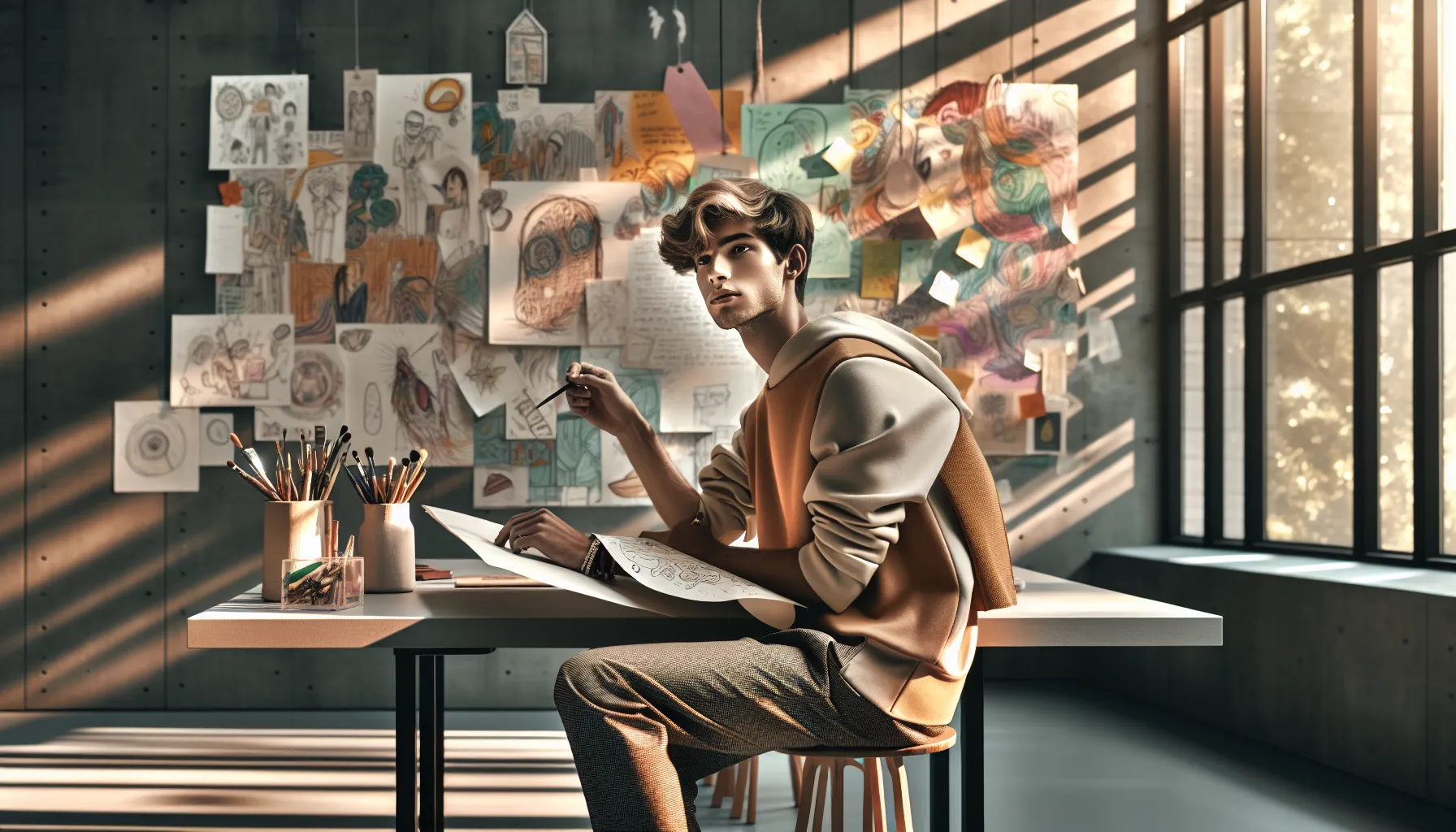 A young person doodling at a modern desk in a bright, creative space.