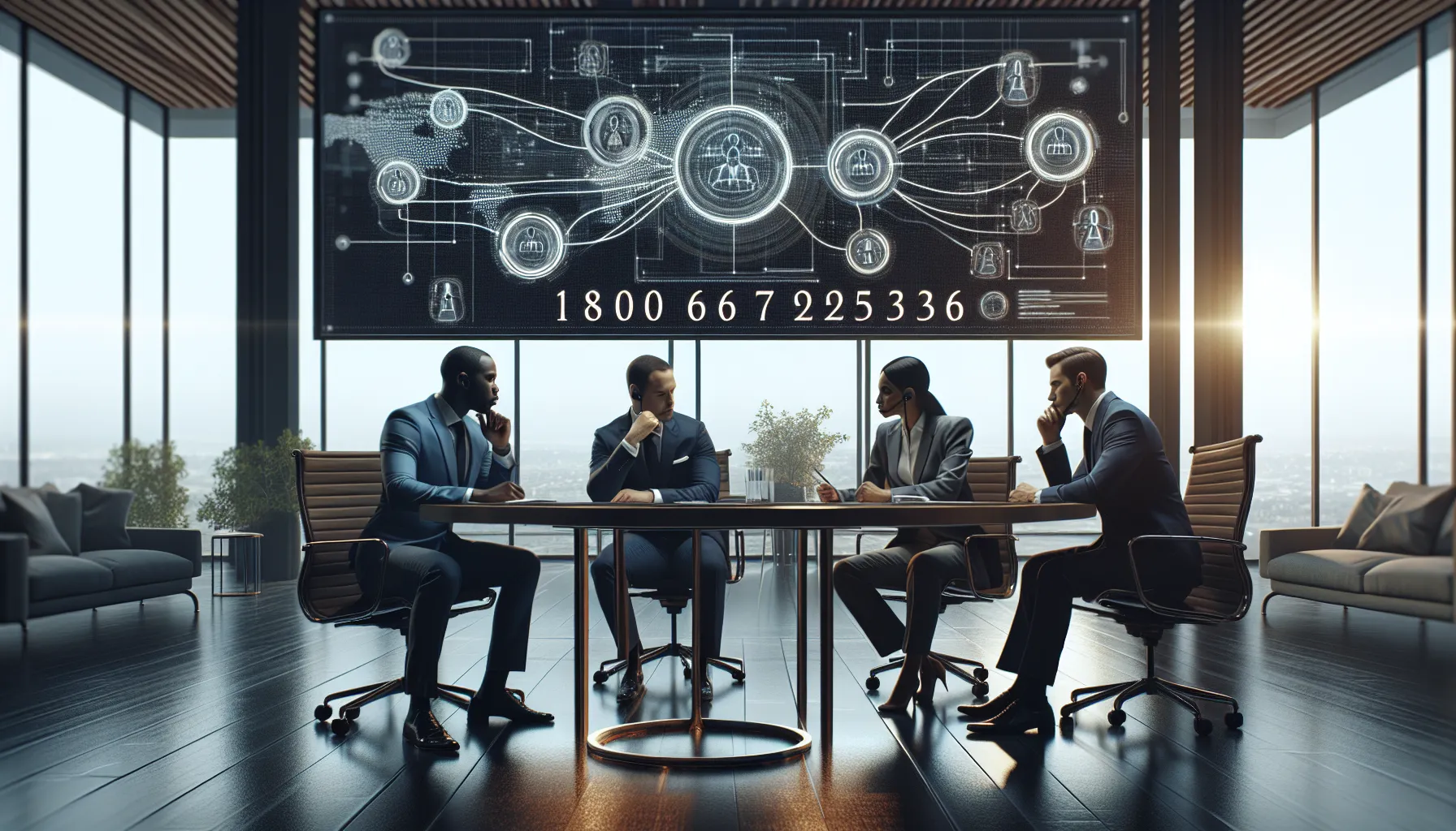 three professionals discussing telecommunications services in a modern office.