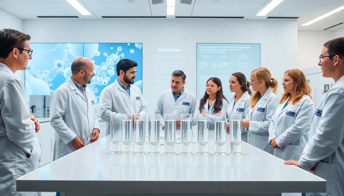 scientists discussing advanced water filtration in a modern lab.