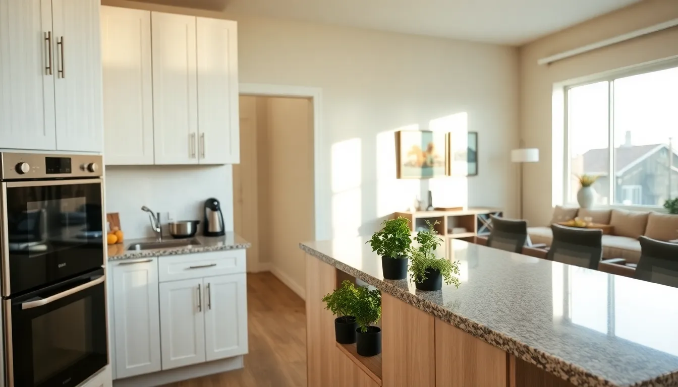 a renovated kitchen with modern appliances and neutral decor.