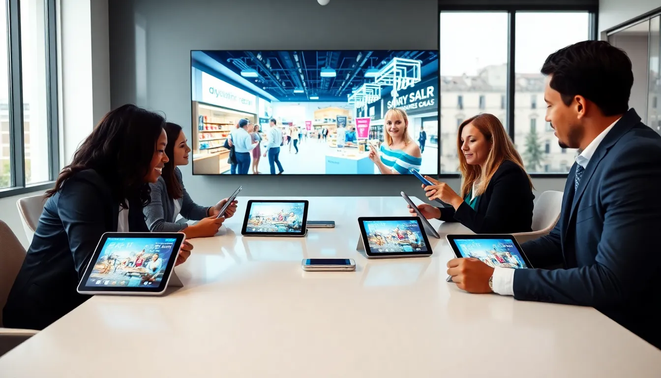 professionals discussing augmented reality campaigns in a modern office.