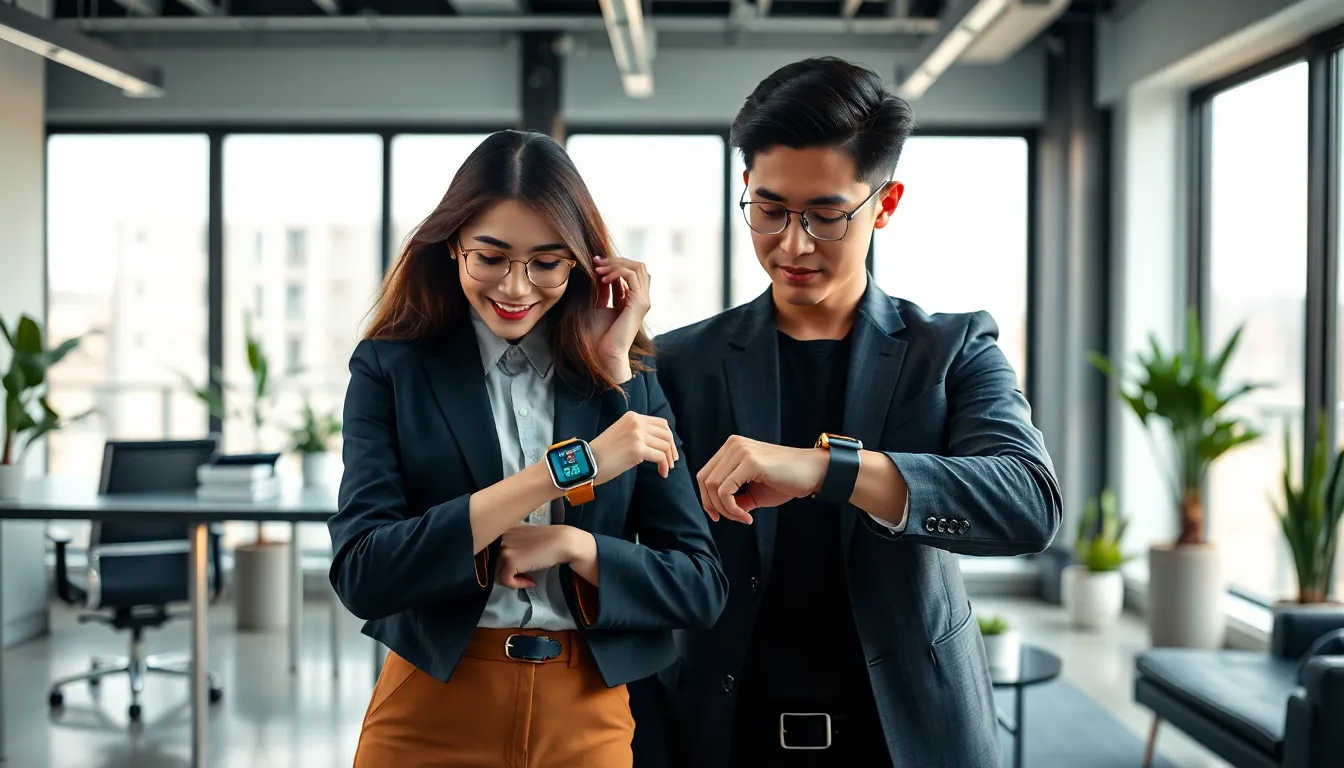 diverse professionals engaging with XCVI wearables in a modern office.