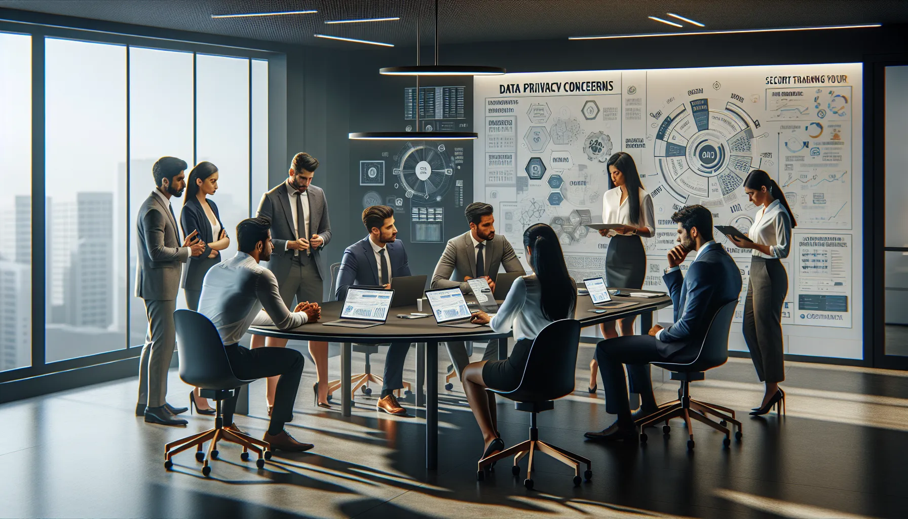 team discussing challenges of hapmce in a modern office.