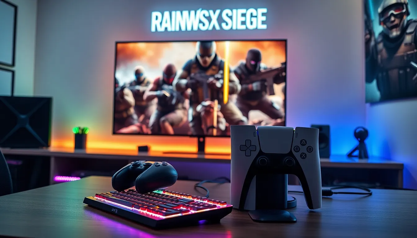 gaming setup featuring a PS5 with Rainbow Six Siege on screen.