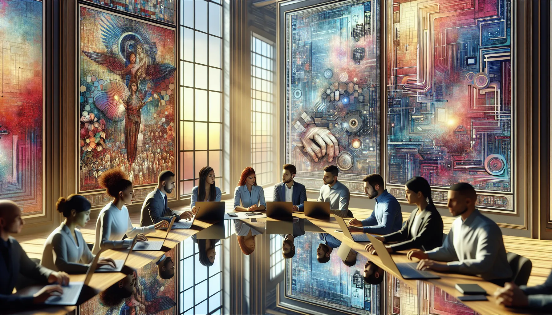 diverse professionals discussing digital art and AI in a modern office.