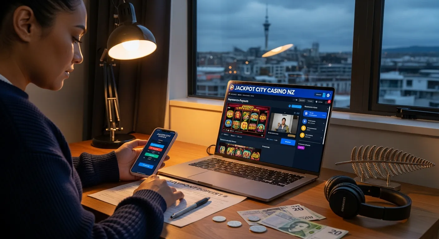 A New Zealand player reviewing Jackpot City Casino payouts on a laptop and phone.