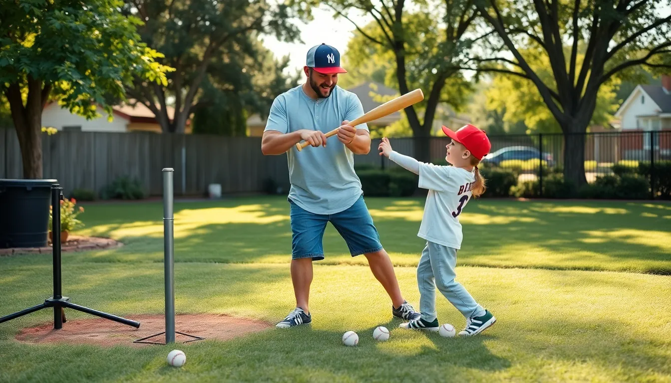 A dad teaches his son baseball techniques in a sunny backyard.