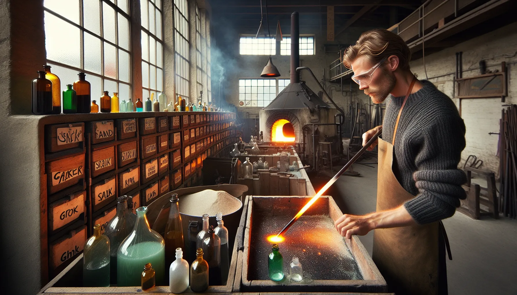 Norwegian glassblower shaping molten glass beside raw materials and annealing kiln.
