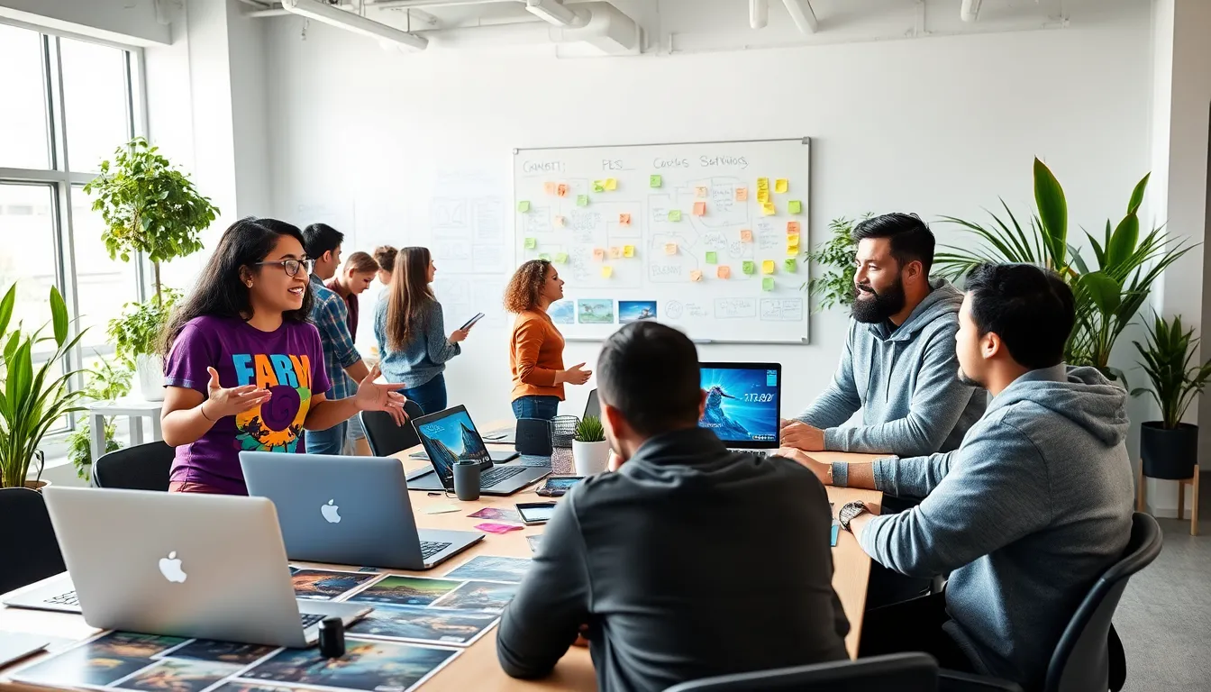 a diverse team of game developers collaborating in a bright office space.