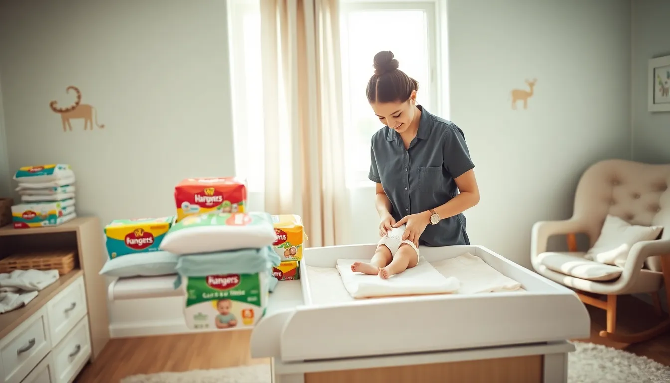 caregiver changing a newborn&rsquo;s diaper in a modern nursery.